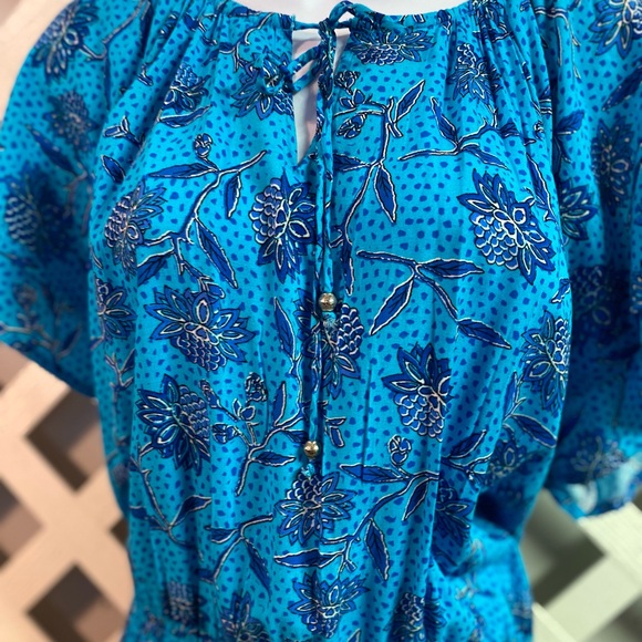 Destination 365 Printed Short Sleeve Smocked Midi Dress Turquoise Floral XL - Picture 3 of 7